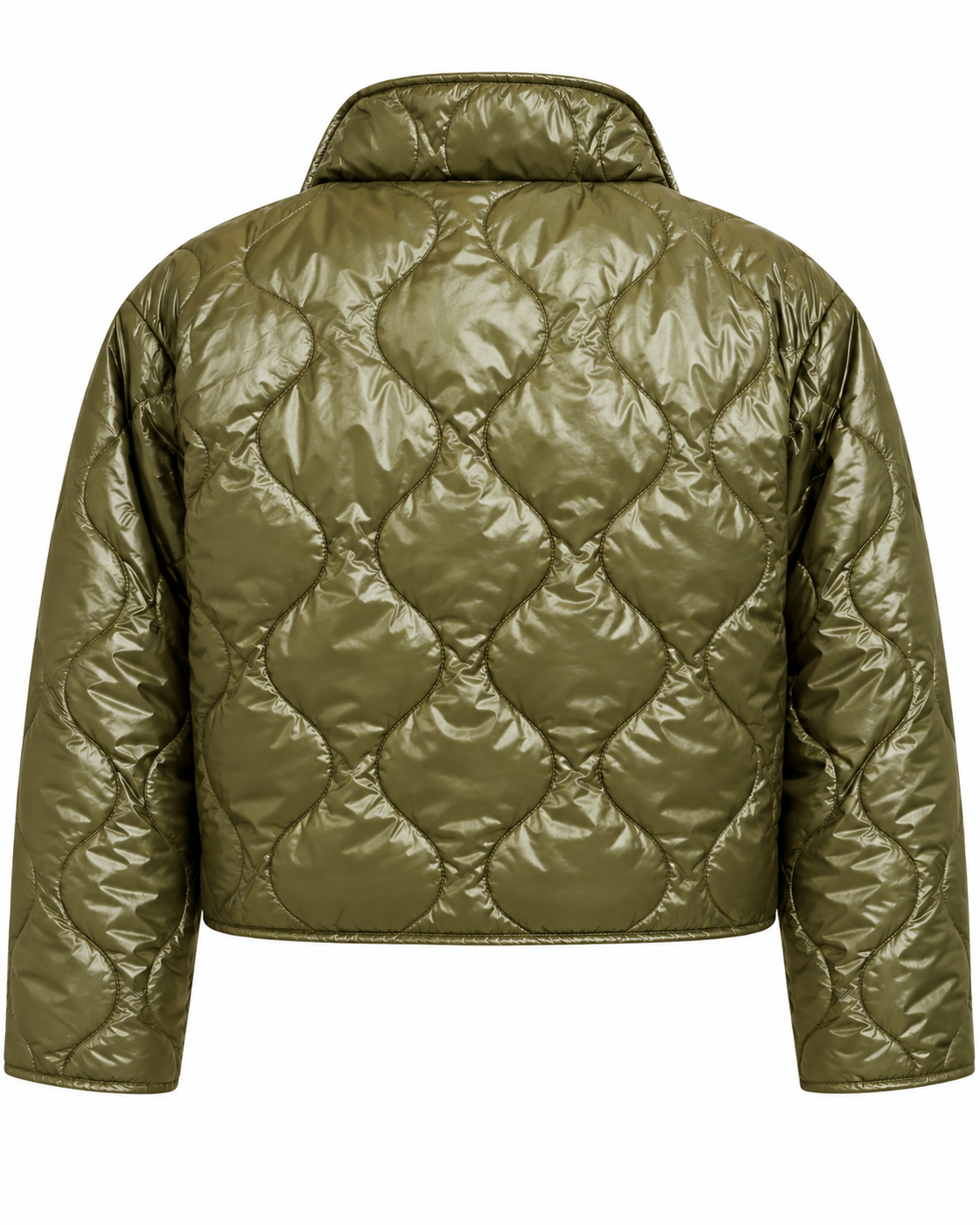 Back view of the olive cropped quilted jacket showing its large rounded quilt pattern, stand collar, and long sleeves
