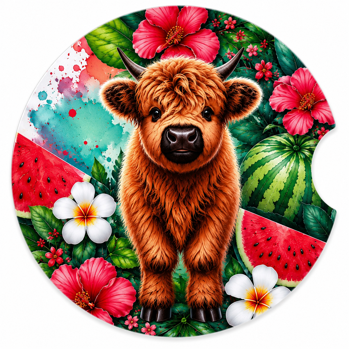 Close-up of Highland Cow Watermelon ceramic car coaster with fluffy Highland cow calf surrounded by watermelon slices and hibiscus flowers on white background
