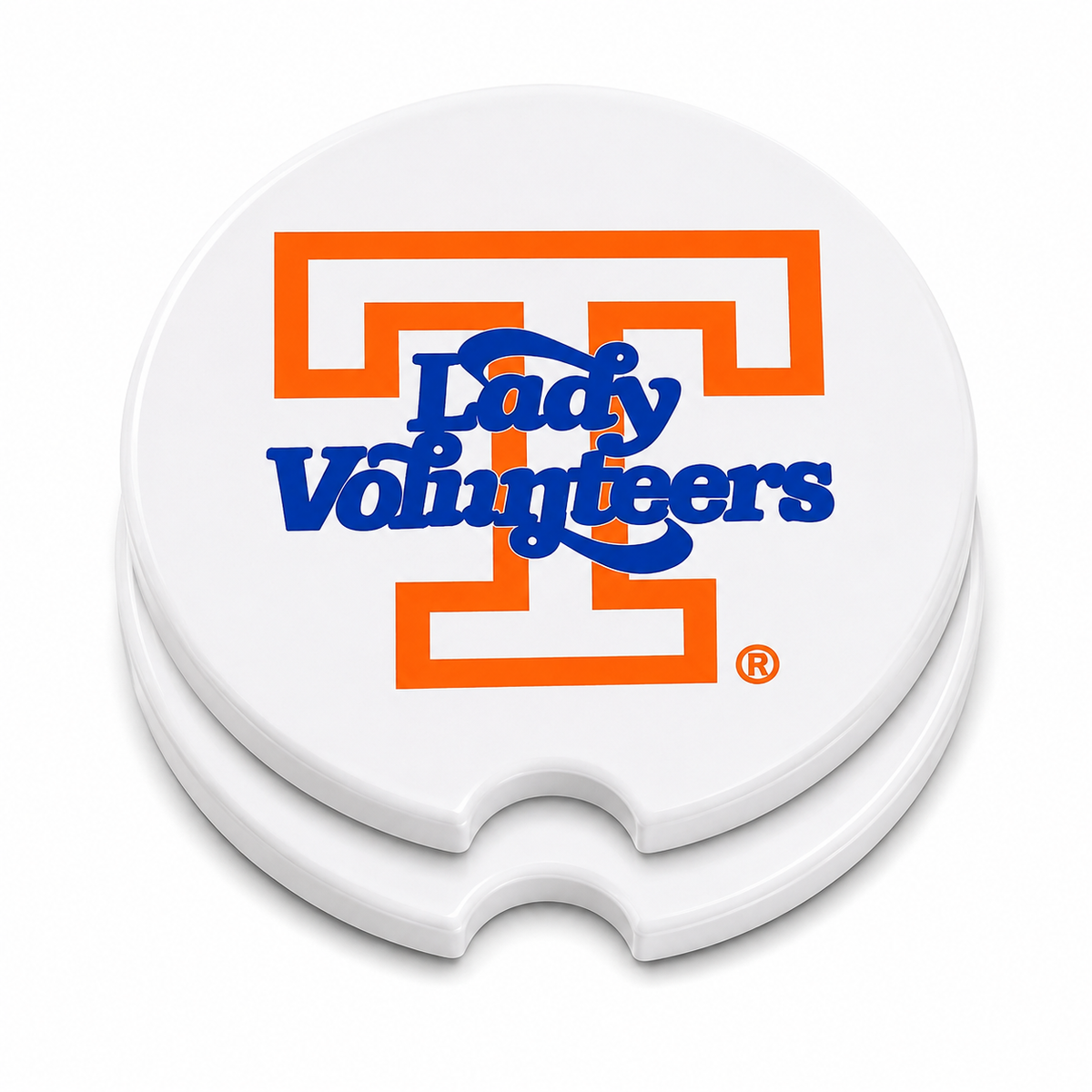 Both Tennessee Lady Vols car coasters showing front design and cork backing

