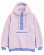 Front view of the light purple sherpa hoodie showing periwinkle blue snap placket, twisted drawstrings, front pockets, cuffs, and waistband

