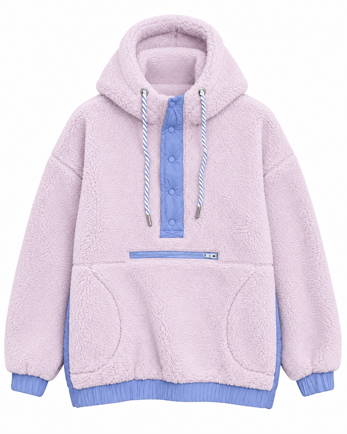 Front view of the light purple sherpa hoodie showing periwinkle blue snap placket, twisted drawstrings, front pockets, cuffs, and waistband
