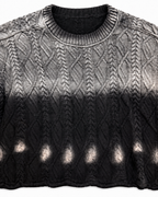 Close-up of crew neckline and textured cable knit pattern on black ombre cropped sweater
