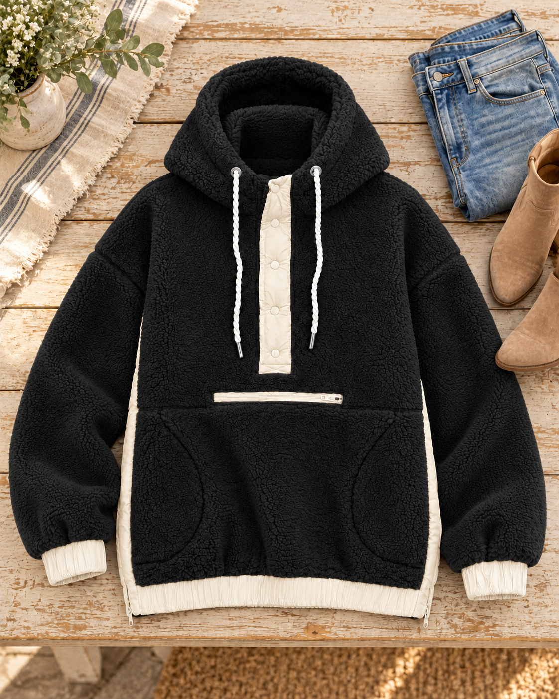 Black two-toned sherpa pullover hoodie laid flat on a wooden table beside jeans and tan ankle boots, showing ivory trim and front pockets
