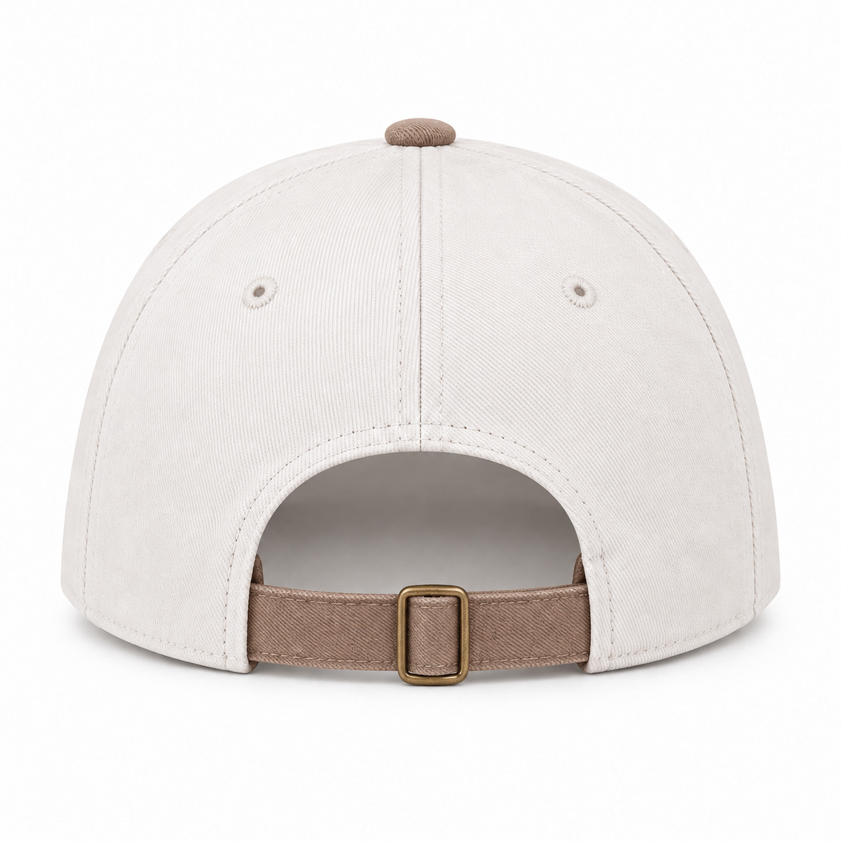Back view of I'm the Problem Baseball Cap in Ash Mocha showing cream cotton back panels with two ventilation eyelets, mocha top button, and mocha adjustable back strap with antique brass slide buckle closure on white background
