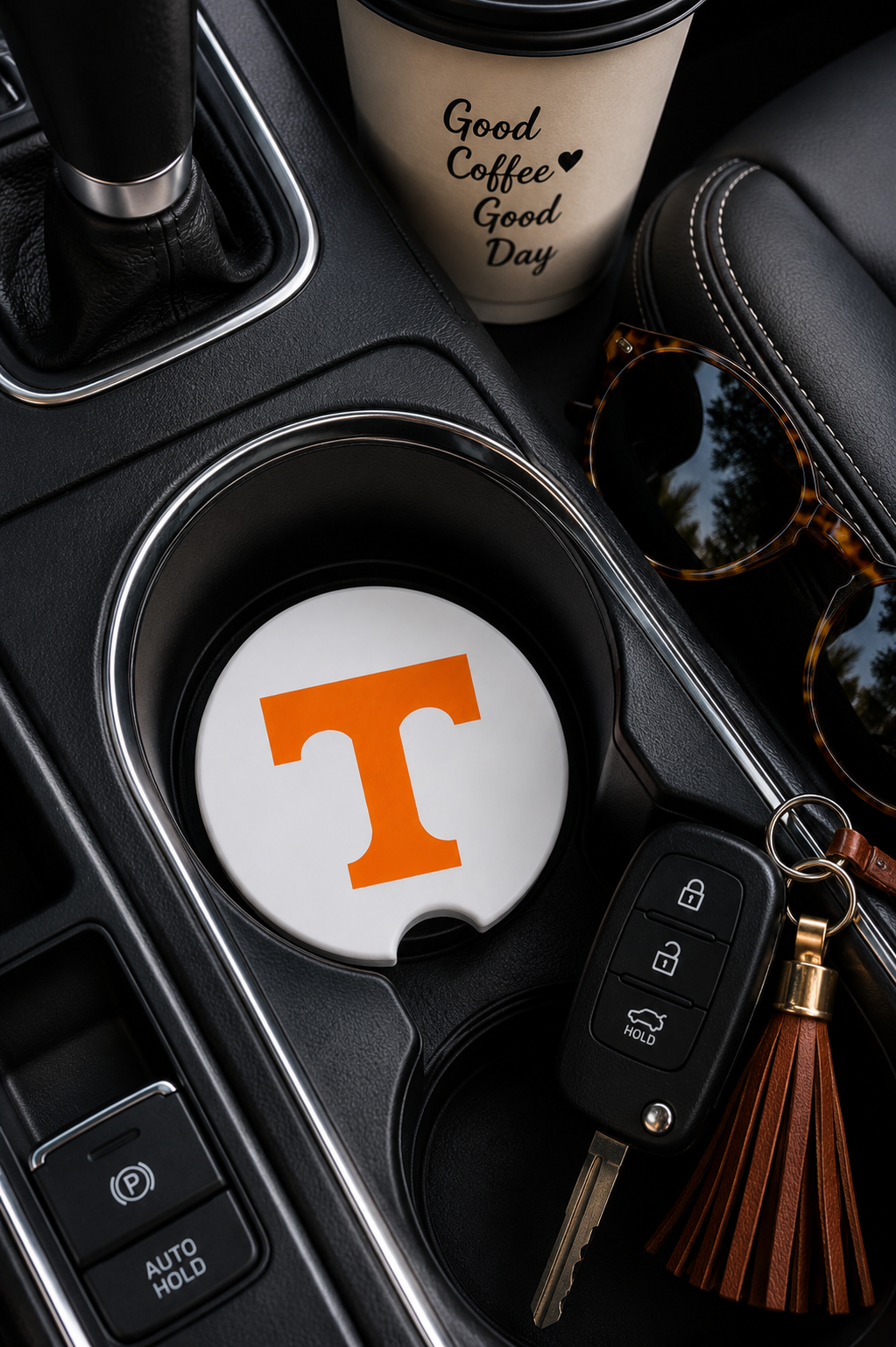 Tennessee Power T ceramic car coaster in vehicle cup holder
