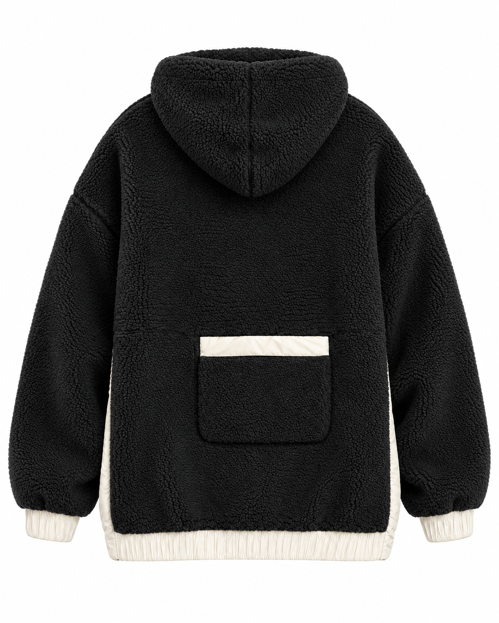 Back view of the black sherpa pullover hoodie showing the hood, back patch pocket with ivory top trim, and contrasting cuffs and waistband

