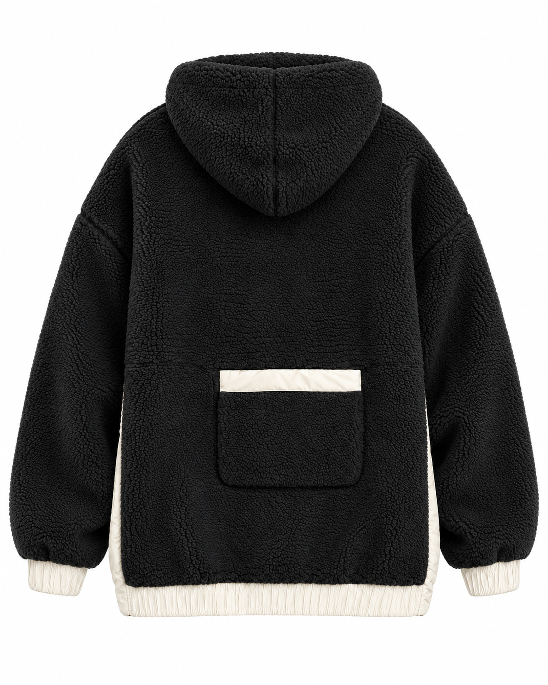 Back view of the black sherpa pullover hoodie showing the hood, back patch pocket with ivory top trim, and contrasting cuffs and waistband
