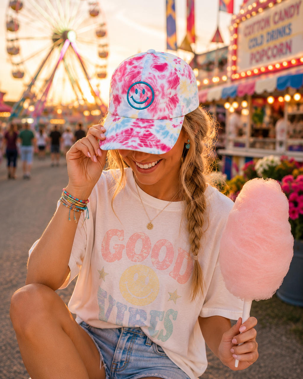 A woman at a fair rides a merry-go-round wearing a pastel tie-dye cap with a teal smiley face, a cream "Good Vibes" t-shirt, and denim shorts, holding pink cotton candy.
