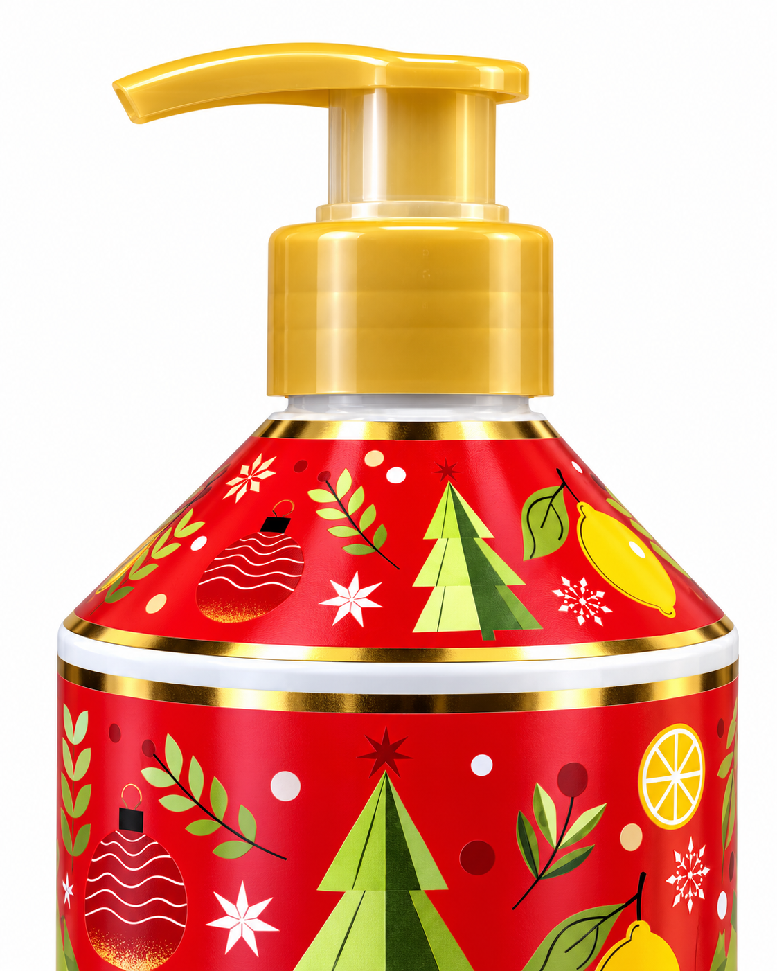 Close-up of the gold-colored pump and red bottle shoulder decorated with a Christmas tree, lemon, ornament, and snowflakes
