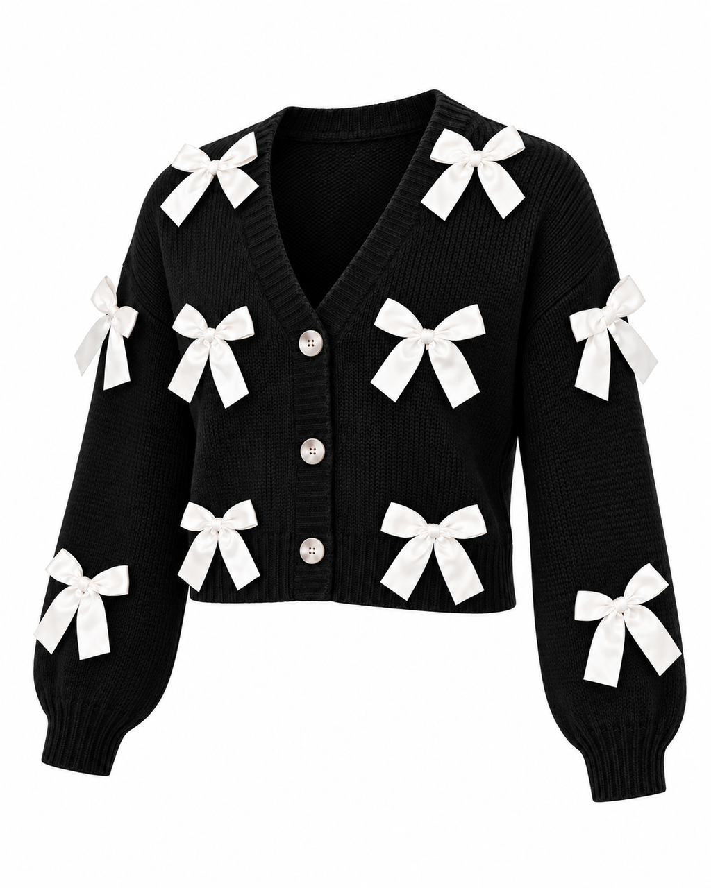 Black Satin Bow Knit Cardigan alternate front view showing black knit with white satin ribbon bows, deep V-neckline, pearl dome buttons, cropped length, and elasticized ribbed cuffs on white background
