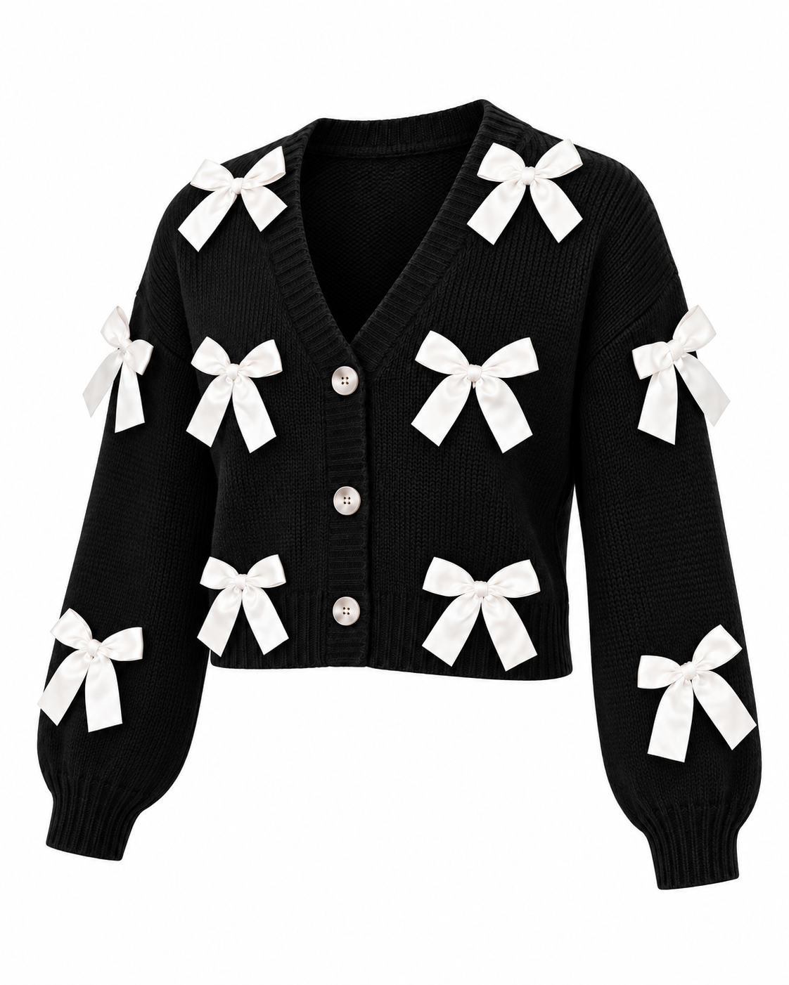 Black Satin Bow Knit Cardigan alternate front view showing black knit with white satin ribbon bows, deep V-neckline, pearl dome buttons, cropped length, and elasticized ribbed cuffs on white background
