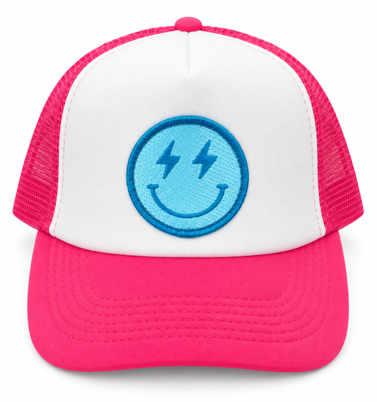 Electric Smiley Trucker Hat front view with white structured front, hot pink bill, hot pink mesh back, and blue embroidered lightning-eye smiley face patch on white background
