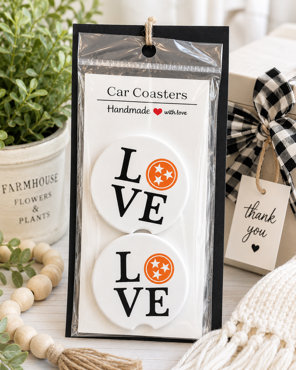 Love Tennessee Car Coaster Set in handmade packaging — gift-ready ceramic coasters with Tri-Star design, set of 2
