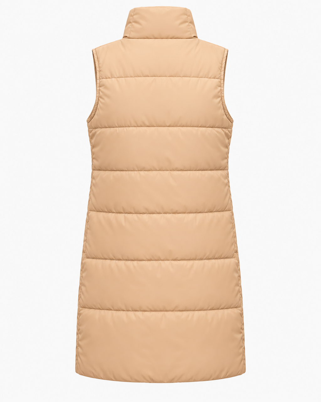 Back view of the tan long puffer vest showing the stand collar, sleeveless silhouette, and horizontal quilted panels
