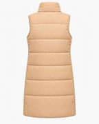 Back view of the tan long puffer vest showing the stand collar, sleeveless silhouette, and horizontal quilted panels
