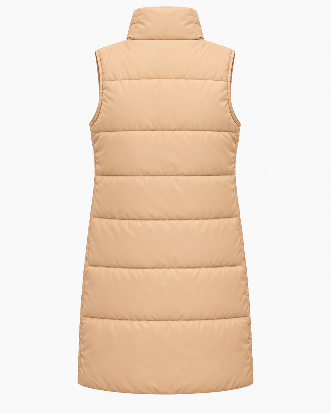Back view of the tan long puffer vest showing the stand collar, sleeveless silhouette, and horizontal quilted panels
