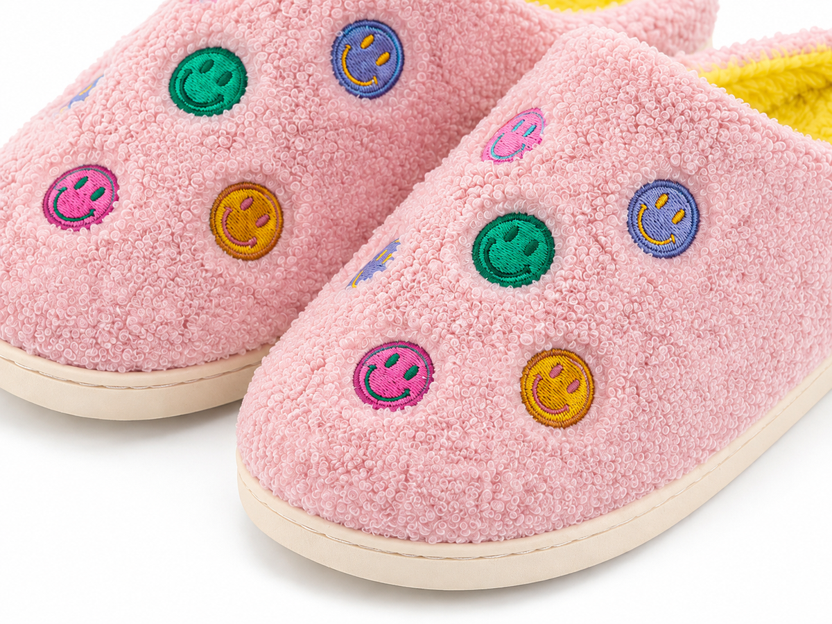 Close-up of multicolor embroidered smiley face patches on Pink Smiley Face Fuzzy Slippers showing pink, green, orange, and purple designs on soft pink fuzzy fabric

