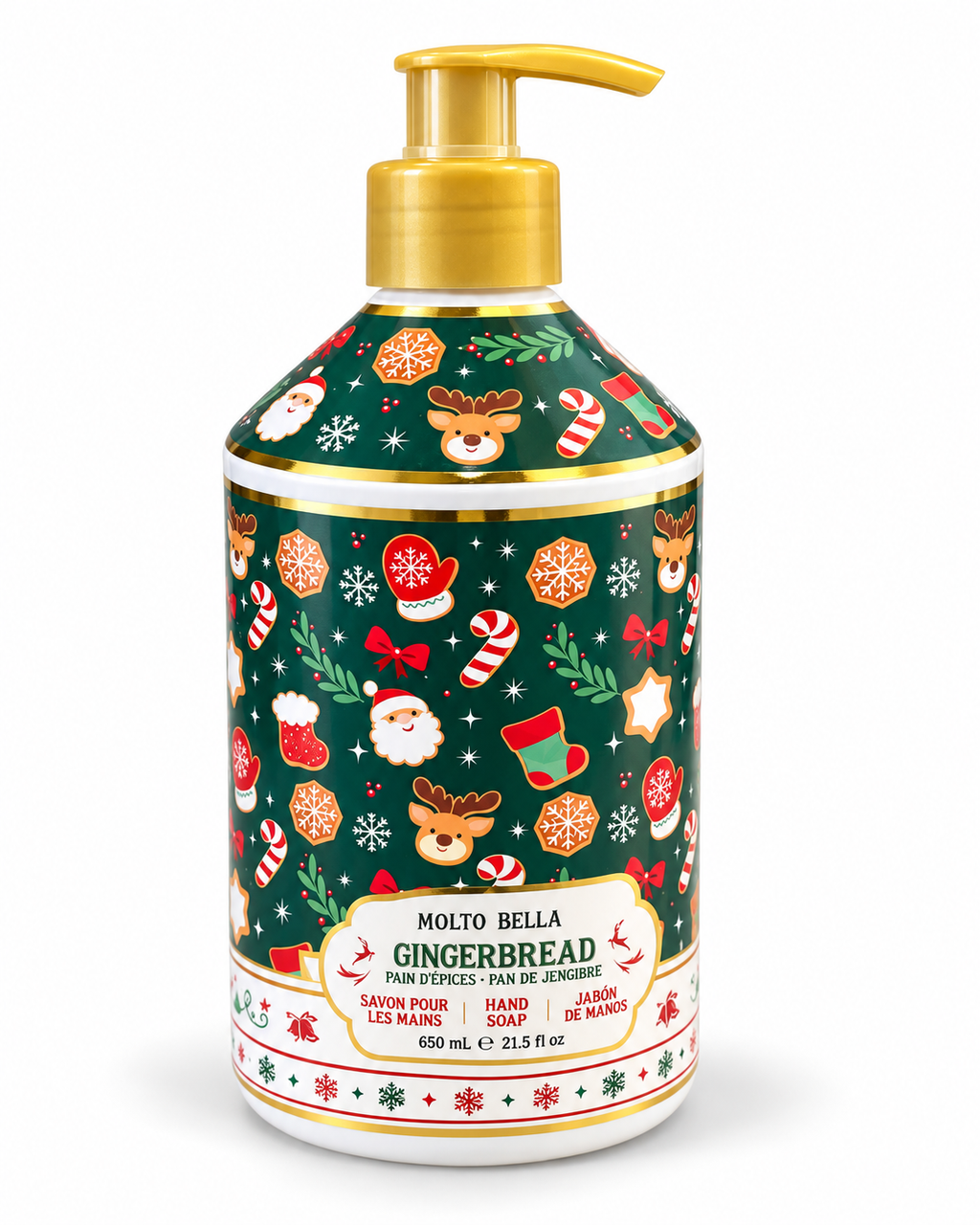 Full view of Gingerbread holiday hand soap with a gold-colored pump and dark green bottle decorated with Santa, reindeer, candy canes, and stockings
