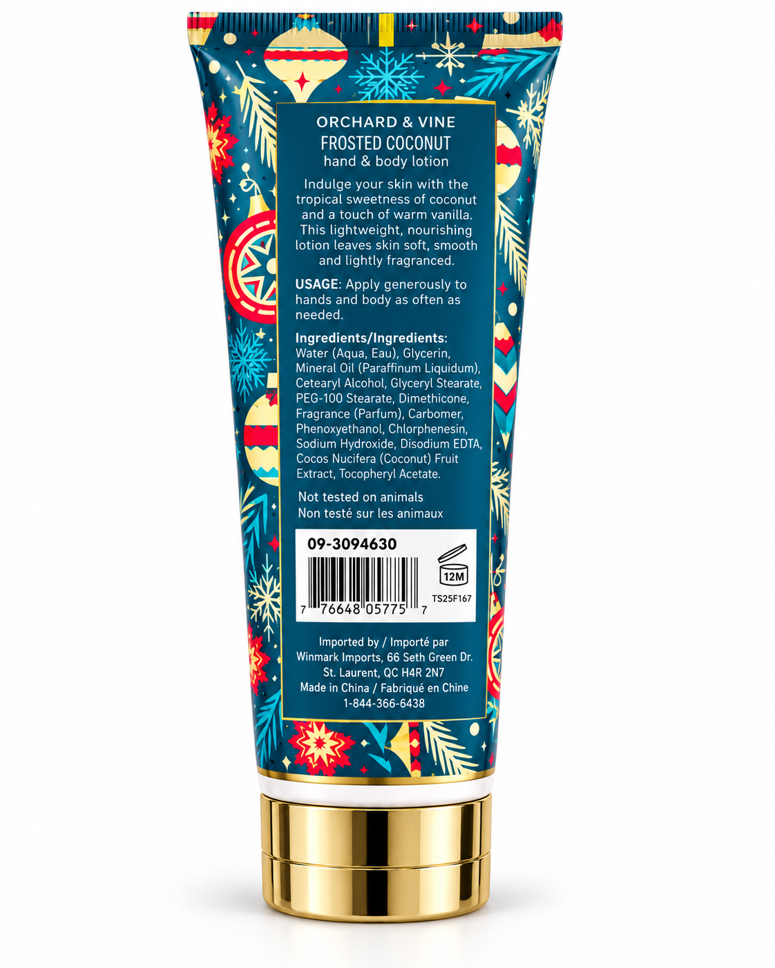 Back of the Frosted Coconut lotion tube showing coconut and vanilla scent details, usage instructions, ingredients, and barcode
