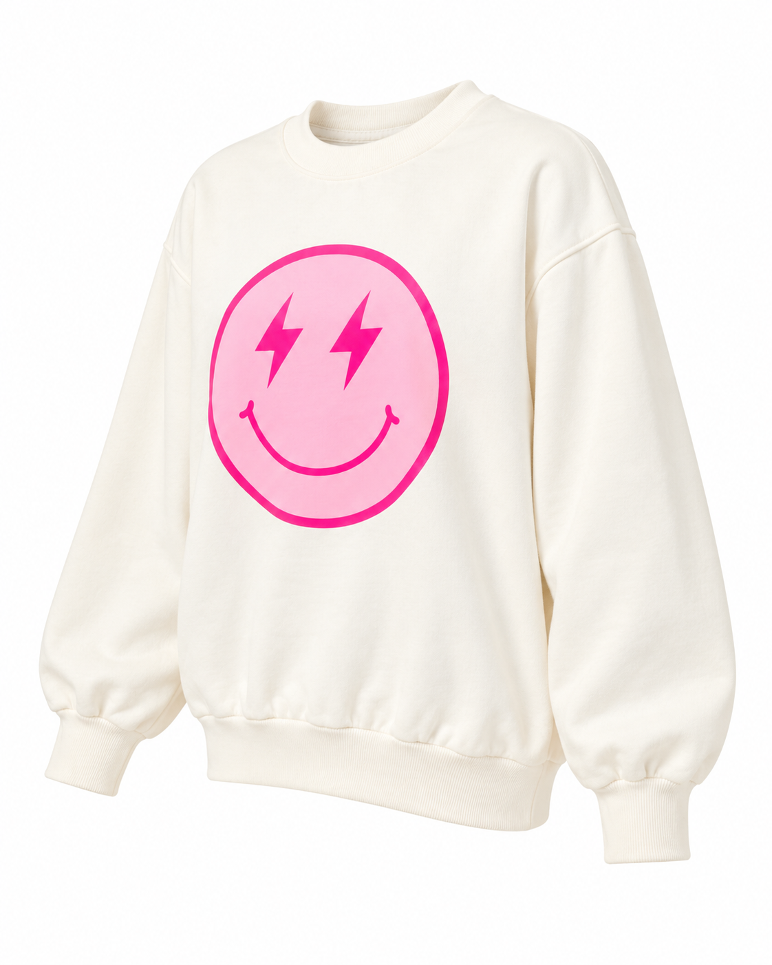 Angled front view of the cream lightning-bolt smiley sweatshirt showing its pink graphic, long sleeves, and ribbed trim
