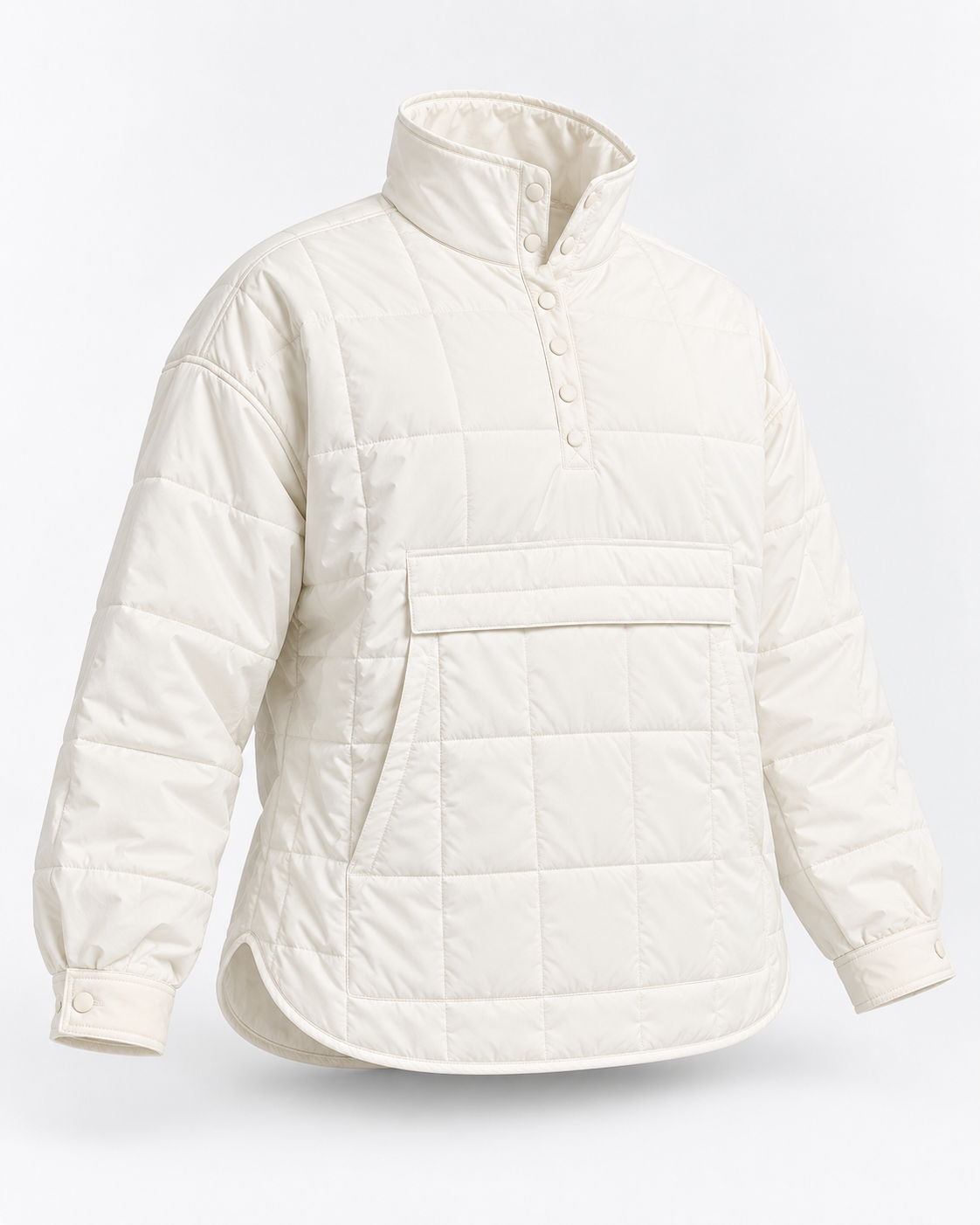 Three-quarter view of the white quilted puffer pullover jacket on a white background.
