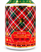 Close-up of the Candy Cane Apple hand soap label showing apple and candy-cane motifs, red and green plaid, and 650 mL and 21.5 fl oz size
