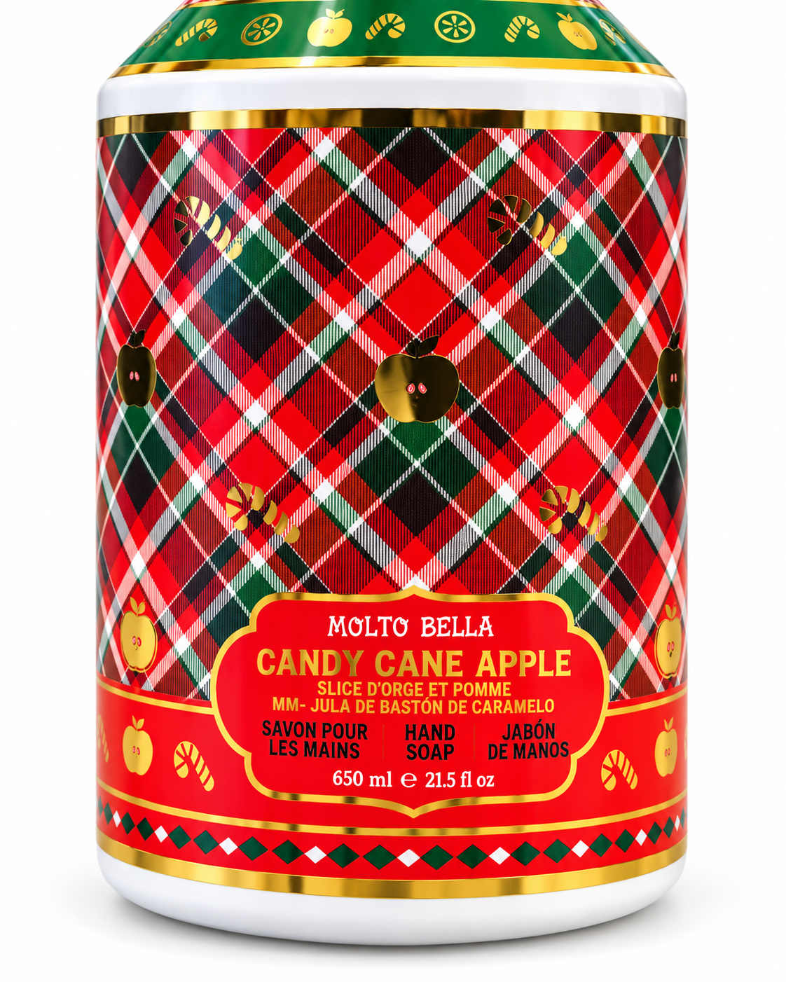 Close-up of the Candy Cane Apple hand soap label showing apple and candy-cane motifs, red and green plaid, and 650 mL and 21.5 fl oz size
