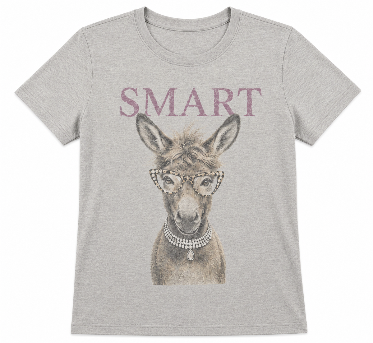  Gray Smart Ass Graphic Tee featuring a donkey wearing glasses and a pearl necklace with “SMART” lettering.