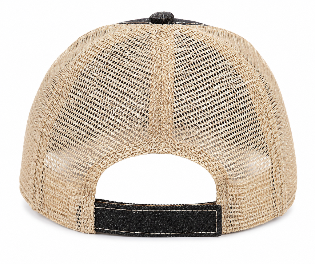 Back view of a beige mesh trucker cap with a black adjustable strap and black top button, shown on a white background.