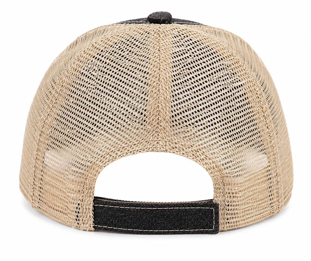 Back view of a beige mesh trucker cap with a black adjustable strap and black top button, shown on a white background.