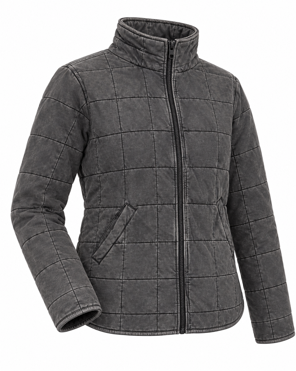Charcoal Garment Washed Quilted Jacket three-quarter angle view showing charcoal washed quilted grid texture, stand-up collar, full-length zipper, curved hem, and long sleeve detail on white background
