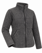 Charcoal Garment Washed Quilted Jacket three-quarter angle view showing charcoal washed quilted grid texture, stand-up collar, full-length zipper, curved hem, and long sleeve detail on white background
