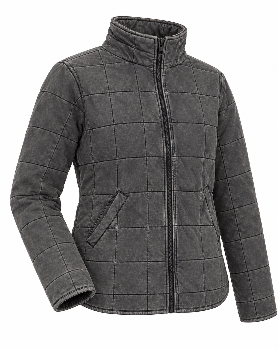 Charcoal Garment Washed Quilted Jacket three-quarter angle view showing charcoal washed quilted grid texture, stand-up collar, full-length zipper, curved hem, and long sleeve detail on white background
