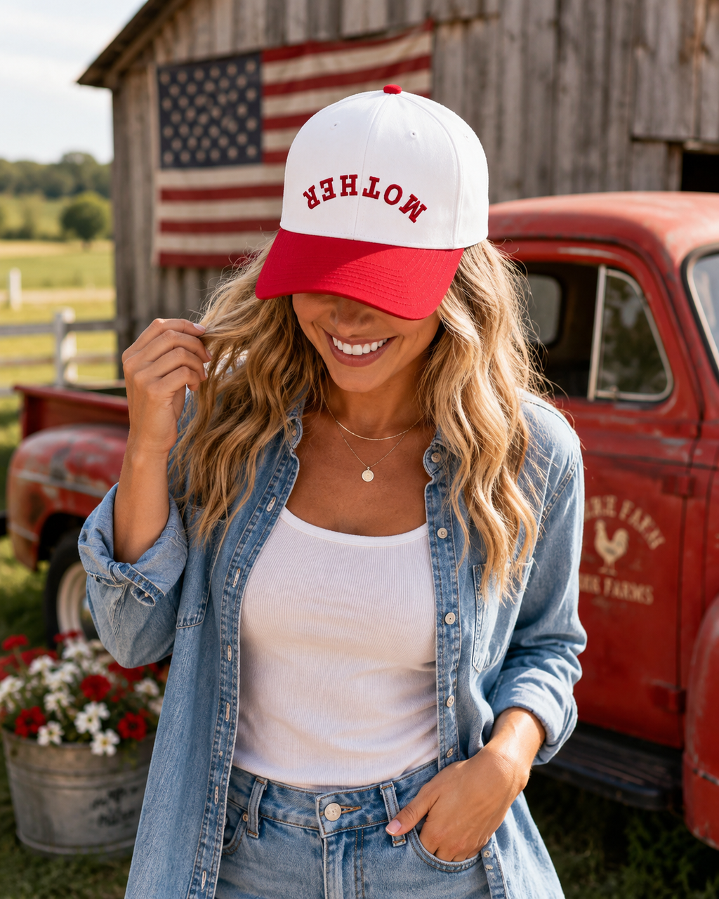 A smiling woman stands in front of a rustic barn, American flag, and red pickup truck wearing a white and red Flip It Mother Baseball Cap with flipped collegiate embroidery.
