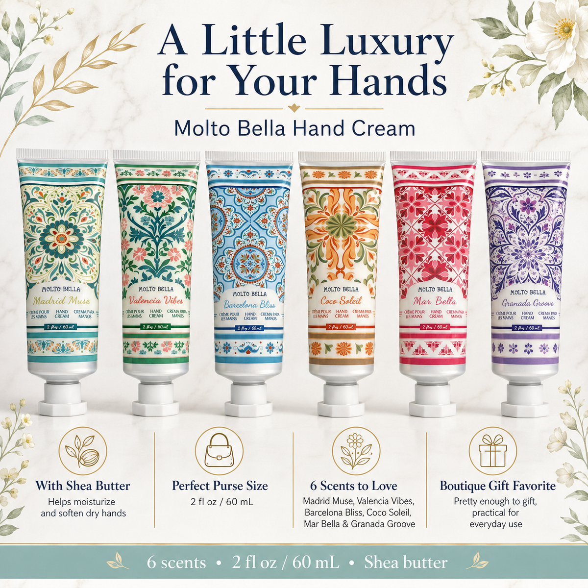 Molto Bella hand cream collection featuring six 2 oz scents with shea butter in colorful boutique packaging, perfect for purses, gifts, and everyday use.