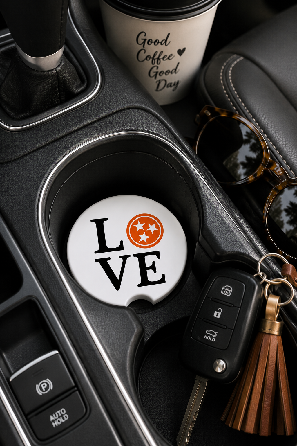 Love Tennessee ceramic car coaster in vehicle cup holder
