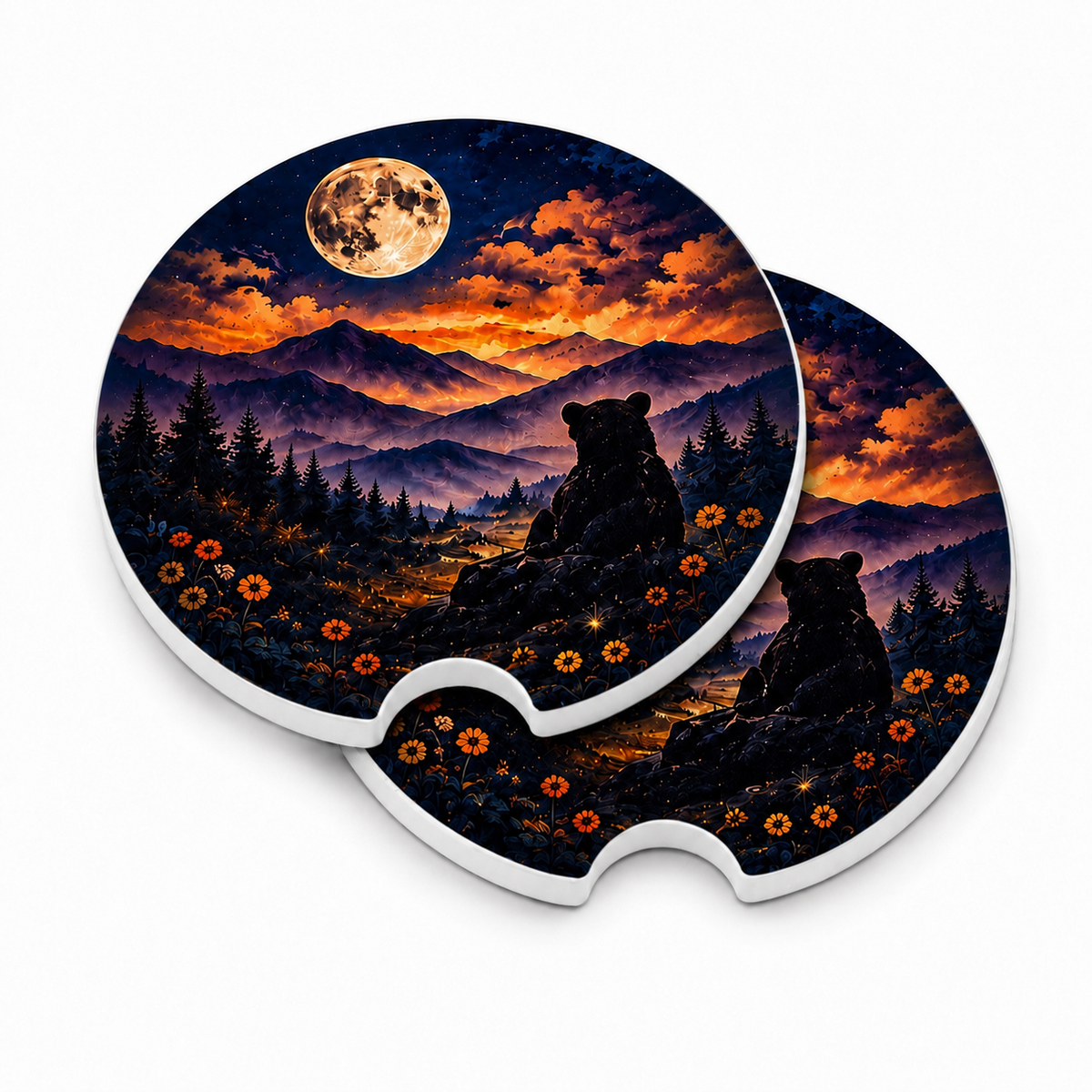 Bear Under the Full Moon ceramic car coasters stacked showing thickness and finger notch cutout, set of 2