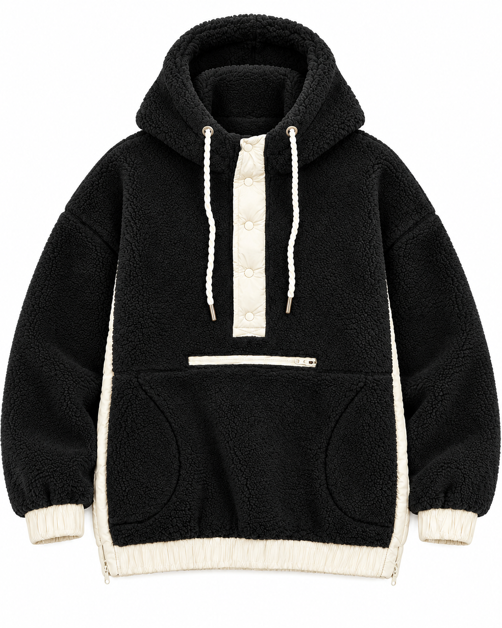 Front view of the black sherpa pullover hoodie showing ivory snap placket, white drawstrings, front zippered pocket, hand pockets, cuffs, and hem
