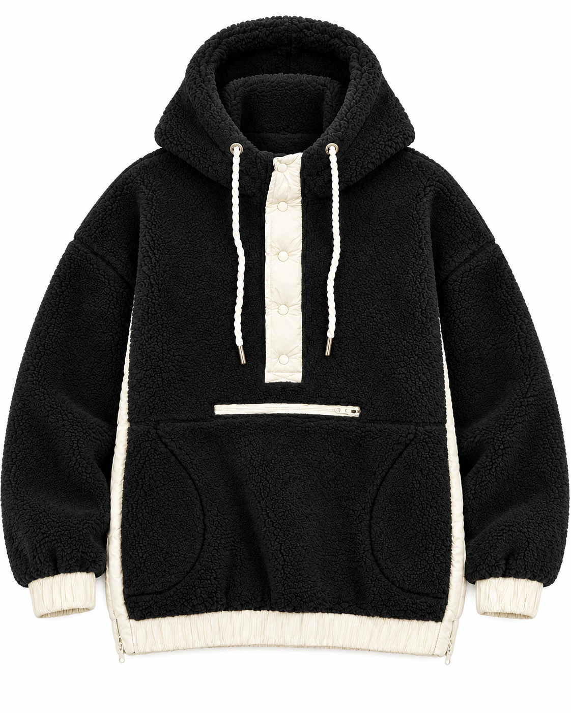 Front view of the black sherpa pullover hoodie showing ivory snap placket, white drawstrings, front zippered pocket, hand pockets, cuffs, and hem
