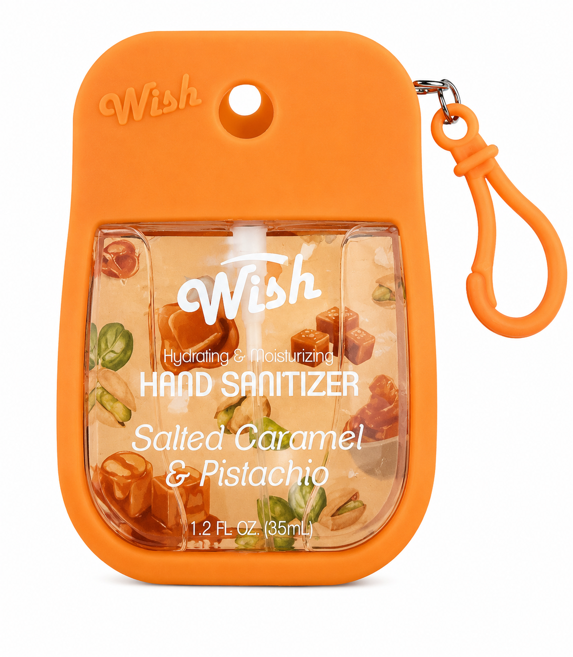 An orange Wish brand hand sanitizer bottle with a matching silicone sleeve and attached carabiner clip, labeled Salted Caramel & Pistachio.