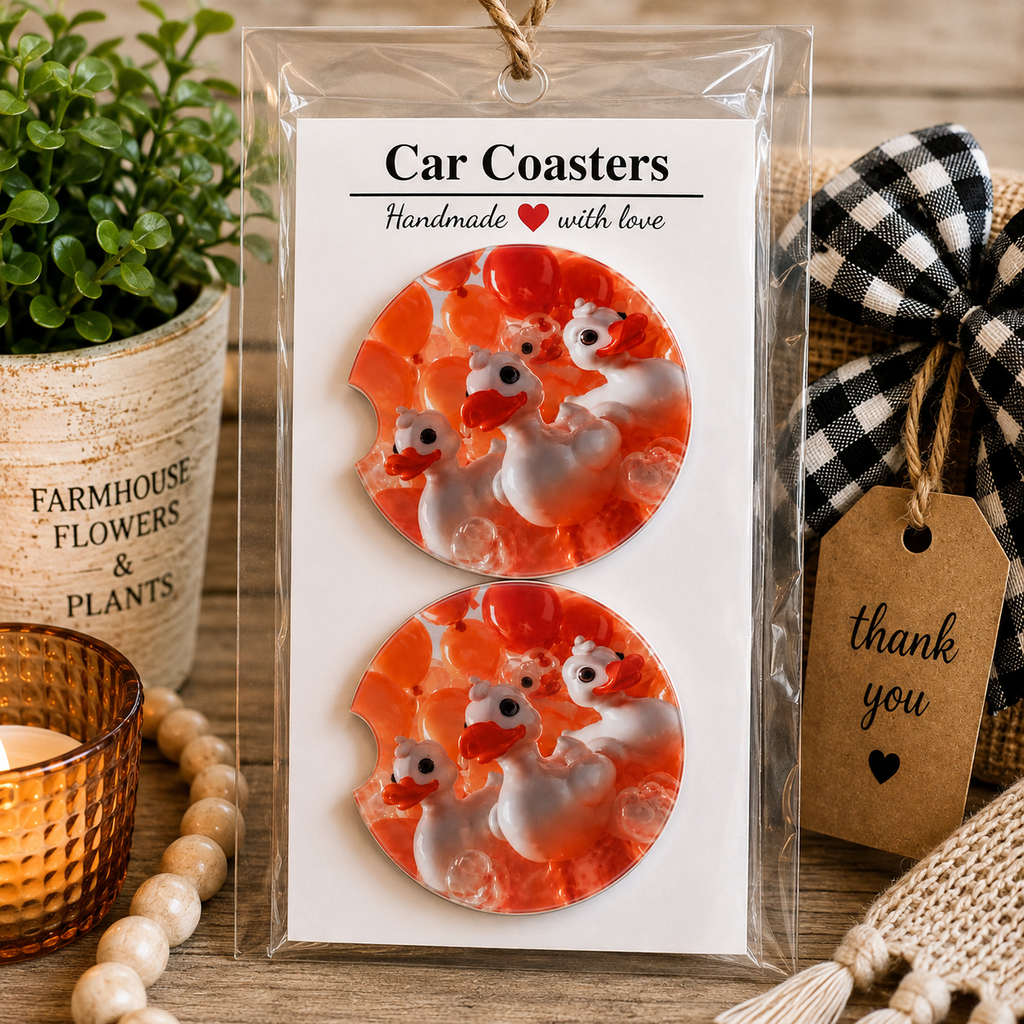 Resin Duck Art Car Coaster Set in handmade packaging — gift-ready resin coasters with 3D white rubber ducks and red beads in orange resin, set of 2

