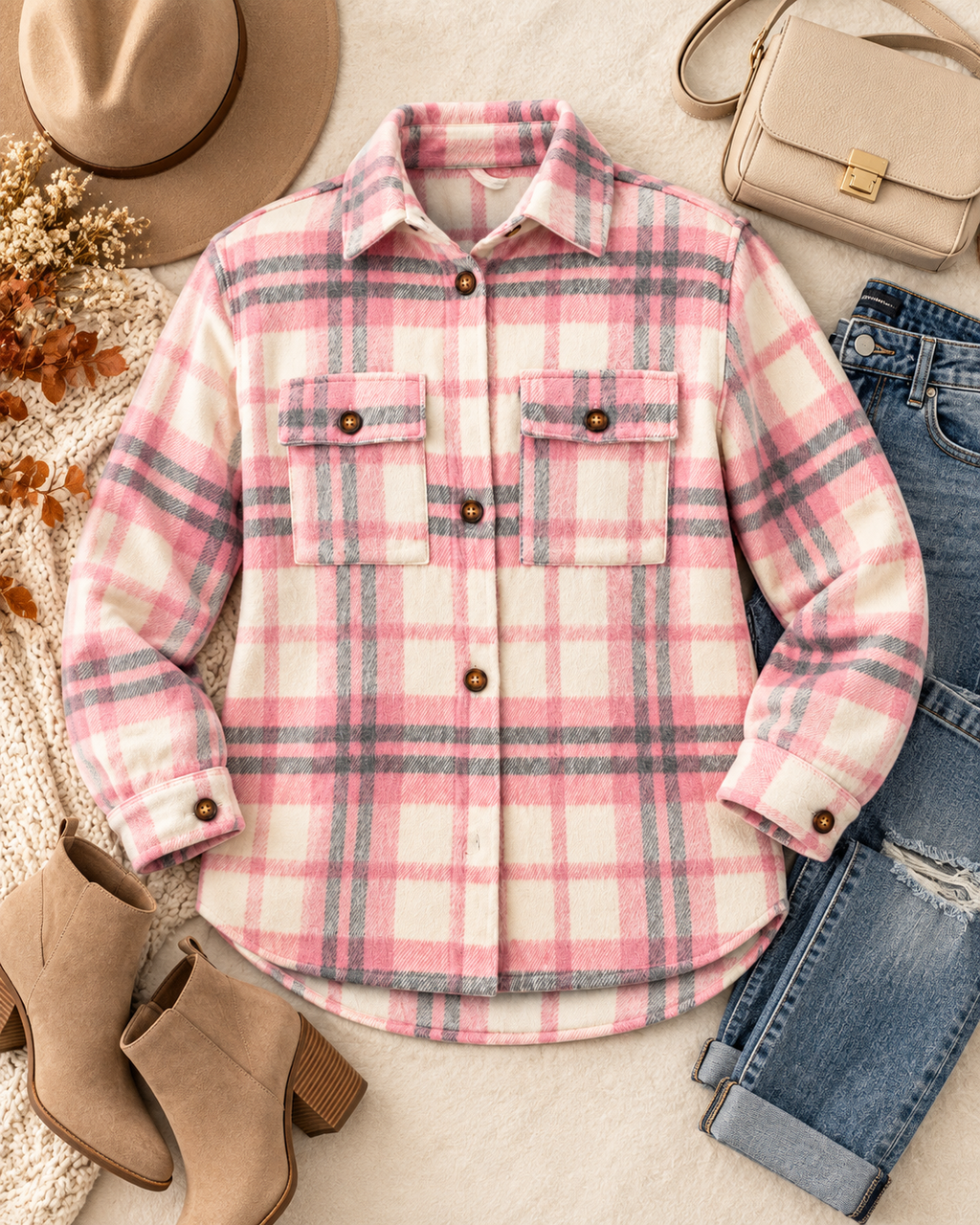 Pink & Gray Plaid Shacket styled in flat lay on cream knit blanket with distressed blue jeans, tan suede block-heel ankle boots, cream structured square crossbody bag, beige felt fedora, and dried autumn floral stems
