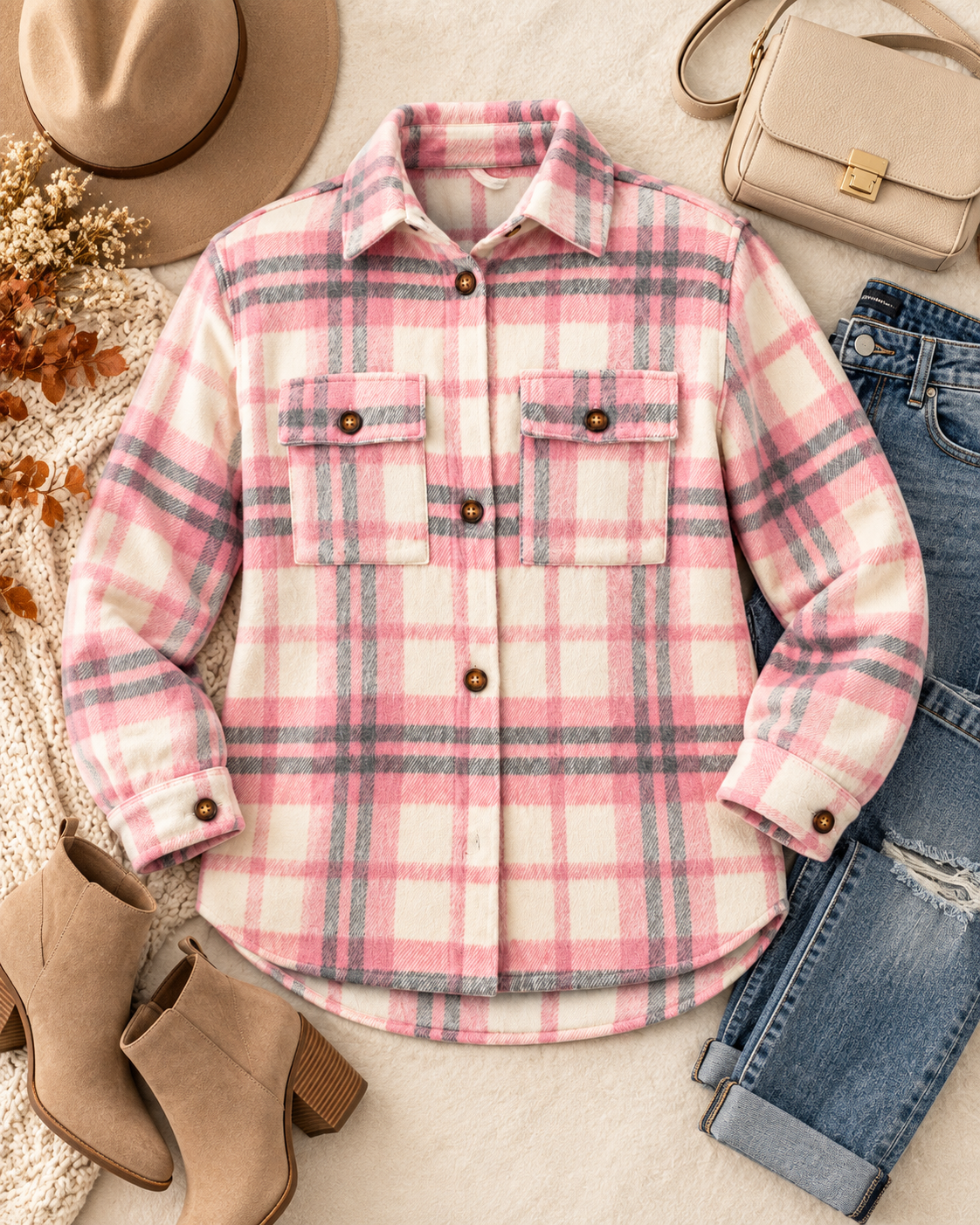 Pink & Gray Plaid Shacket styled in flat lay on cream knit blanket with distressed blue jeans, tan suede block-heel ankle boots, cream structured square crossbody bag, beige felt fedora, and dried autumn floral stems
