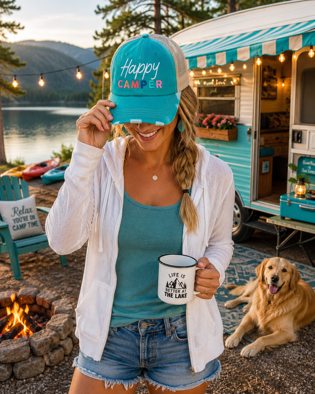 A woman at a lakeside campsite wearing a turquoise and white trucker hat with 'Happy Camping' printed on it, holding a white mug. A turquoise trailer, fire pit, and a golden retriever dog are visible in the background.