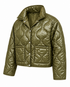 Angled front view of the olive quilted snap-front jacket showing its cropped silhouette, long sleeves, and large front patch pockets
