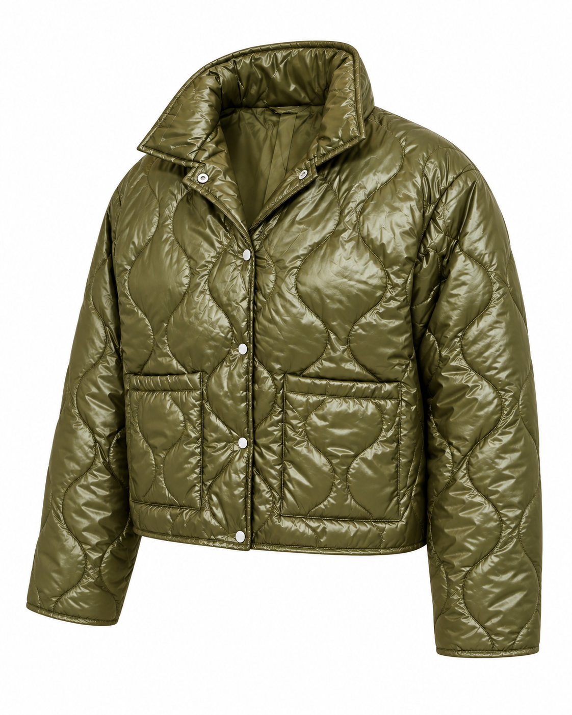 Angled front view of the olive quilted snap-front jacket showing its cropped silhouette, long sleeves, and large front patch pockets
