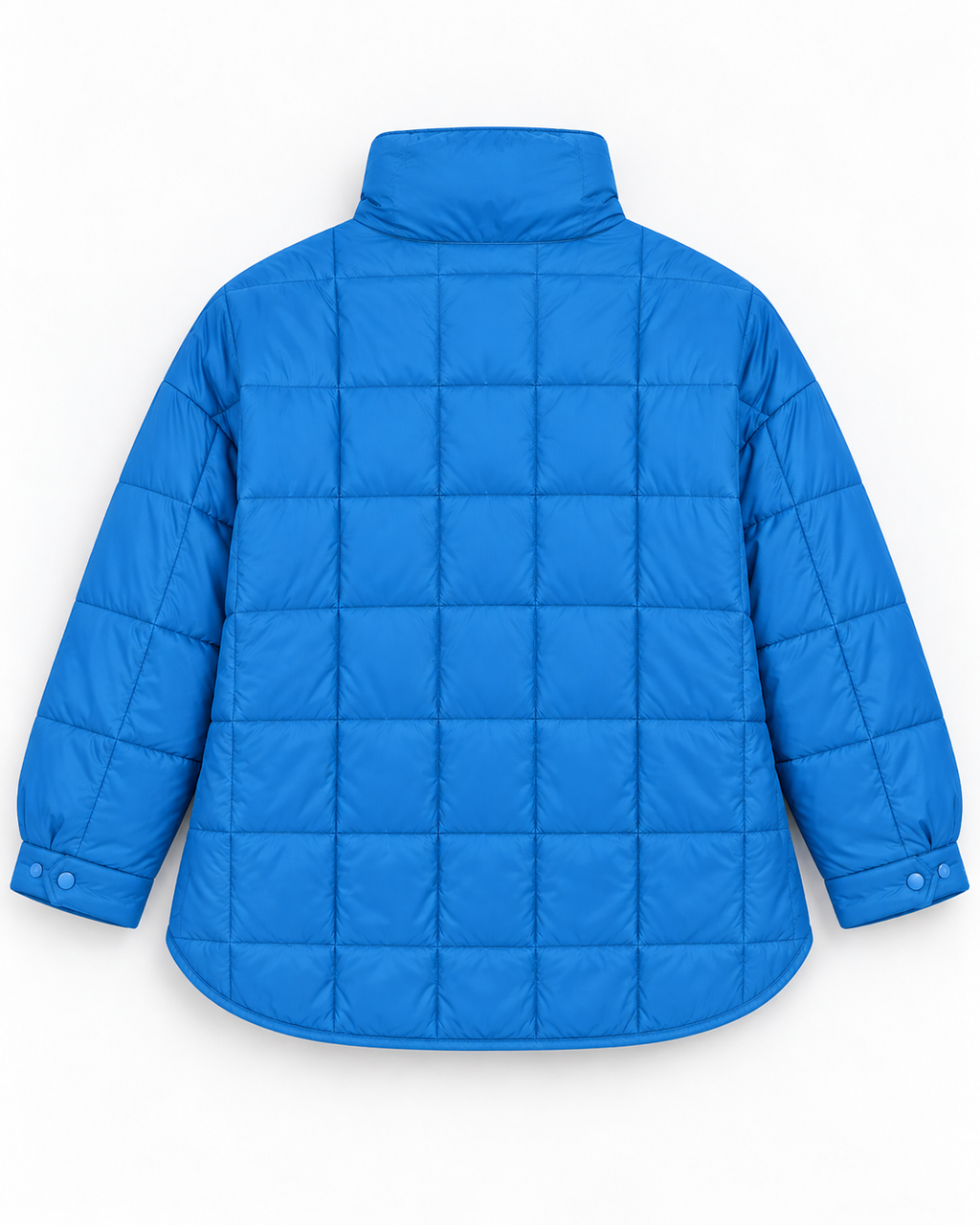 Back view of blue quilted puffer pullover jacket showing quilted pattern, stand-up collar, snap cuffs, and curved hem

