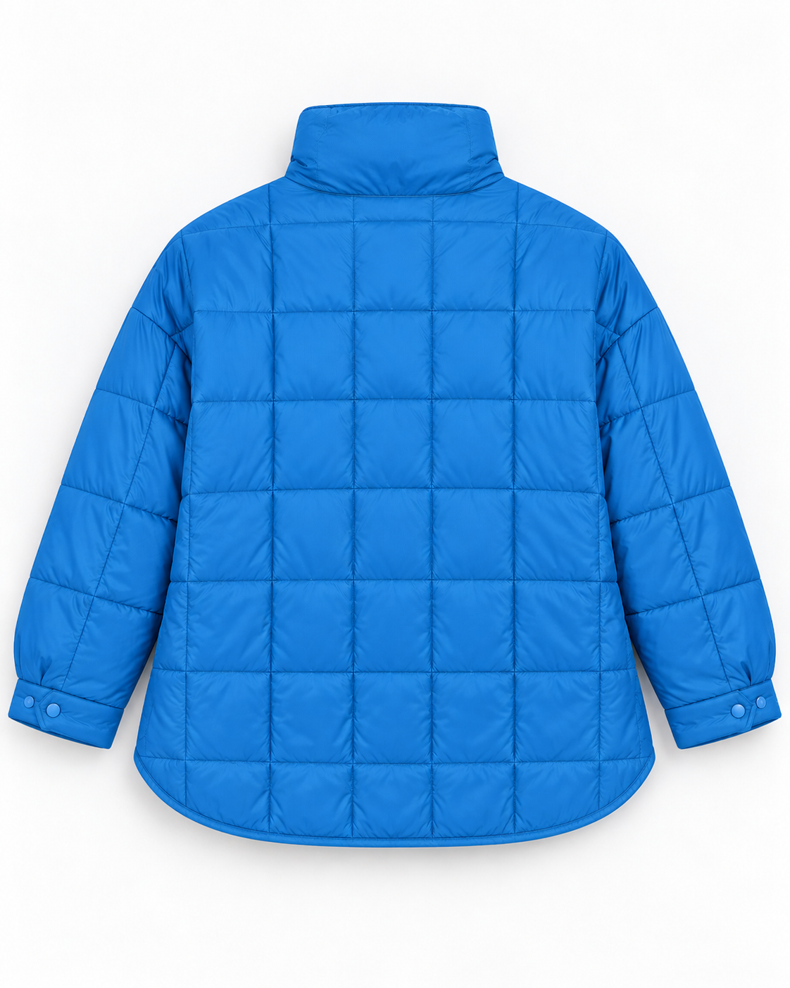 Back view of blue quilted puffer pullover jacket showing quilted pattern, stand-up collar, snap cuffs, and curved hem
