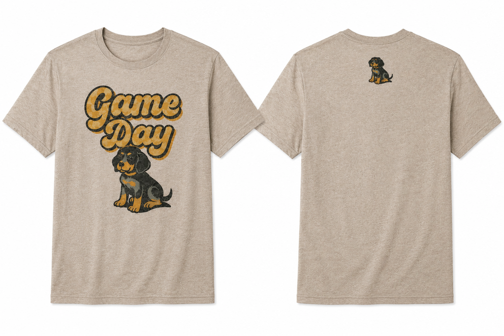 Game Day Puppy graphic tee showing front football dog design and back detail