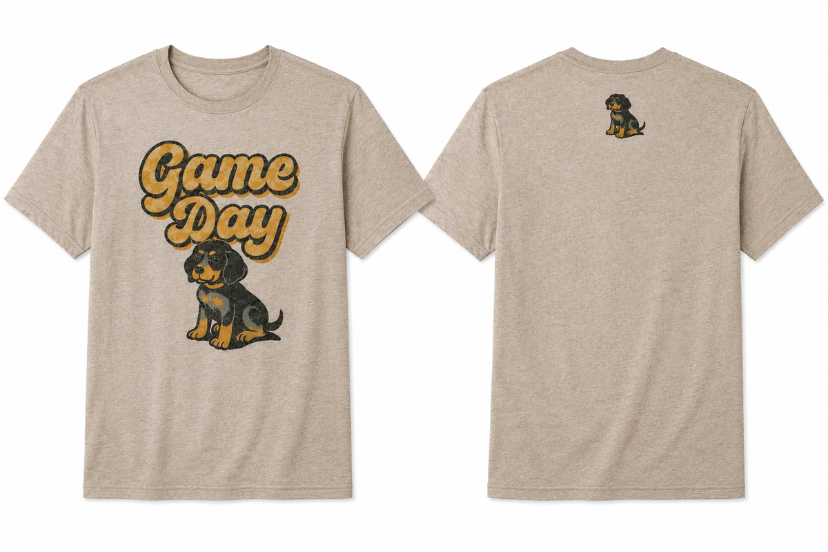 Game Day Puppy graphic tee showing front football dog design and back detail